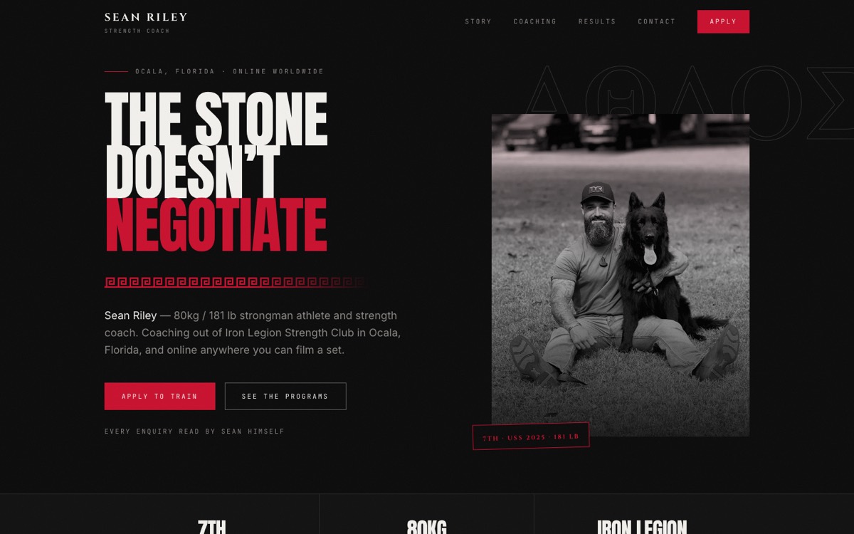 Sean Riley strength coaching website homepage